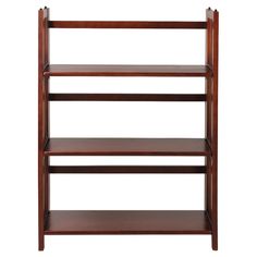 a wooden shelf with three shelves on each side and one shelf above the other, against a white background