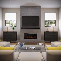 a living room with two couches and a television on the wall in front of a fireplace