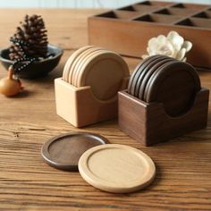 wooden coasters and plates on a table