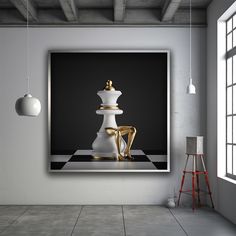 a white and gold chess piece on a black and white checkerboard floor in an empty room