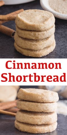 cinnamon shortbread cookies stacked on top of each other with cinnamon sticks in the background