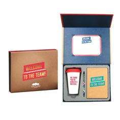 the welcome to the team gift set includes a cup, notepad and card holder