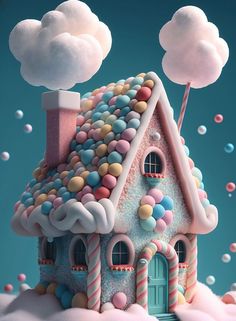 a house with candy and candies on the roof is shown in this digital painting