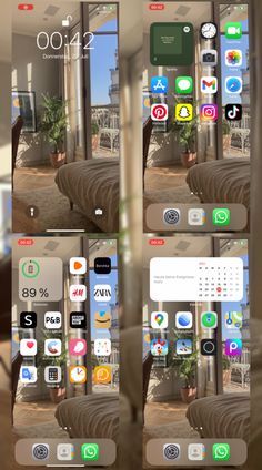 four screens showing the different angles of an iphone's home screen, with various icons on them