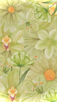 a painting of flowers with green leaves and orange centers