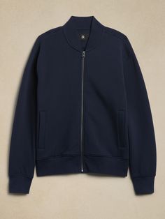 Herringbone Scuba Baseball Jacket | Banana Republic Classic Stretch Outerwear For Layering, Sporty Everyday Outerwear With Zipper Closure, Casual Stretch Track Jacket For Work, Classic Track Jacket With Ribbed Cuffs For Work, Classic Fall Track Jacket For Sports, Herringbone Texture, Scuba Knit, Athletic Style, Vintage Fits