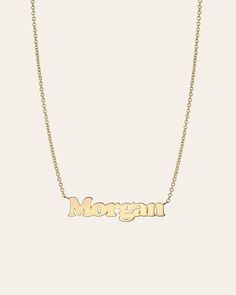 Classic and timeless 14k solid gold ID name necklace in our chic block font, with your choice of upper or lower case, hanging from a dainty chain with the length of your choice. Please enter up to 10 characters in the text field, for a heart symbol please enter ''(heart)''. Please note that the personalization box is case sensitive, so type in exactly how you would like your name to appear, with the correct upper/lowercase font. If you are interested in an ID necklace with more than 10 character Everyday Nameplate Necklaces With Names, Mother's Day Yellow Gold Initials Name Necklace, Custom 14k Gold Nameplate Necklace, Classic 14k Gold Custom Necklace, Customizable Everyday Nameplate Necklace, Everyday Customizable Nameplate Necklace, 14k Gold Name Necklace With Initial Pendant, Everyday Nameplate Necklace With Names, Personalized 14k Gold Necklace With Names