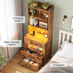 an open storage space in a bedroom