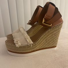 Never Worn. Chloe Wedge. No Damage And Super Cute! Chic Brown Platform Espadrilles, Beige Wedge Sandals With Branded Heel Counter, Chic Brown Wedge Heel Espadrilles, Chloe Wedges, Chloe Shoes, See By Chloe, Womens Shoes Wedges, Chloe, Wedges