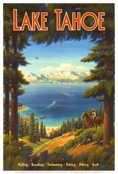 the cover of lake tahoe is shown with trees and mountains in the foreground