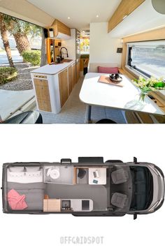 an rv is shown with the kitchen and living room in it's center section