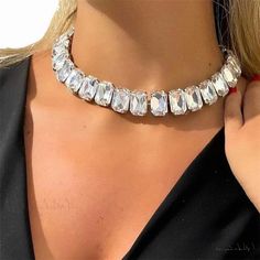 Lasaky - Elegant Emerald Cut Crystal Embellished Silver Plated Tennis Necklace in White - Premium Quality Rhinestone Choker Necklace, Crystal Choker Necklace, Stone Choker, Rhinestone Choker, Rhinestone Wedding, Crystal Choker, Square Pendant, Tennis Necklace, Choker Collar