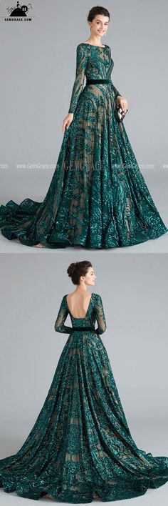 Long Sleeve Gown With Sweep Train, Fitted Long Sleeve Ball Gown For Evening, Green Long Sleeve Mermaid Dress For Wedding, Green Long Sleeve Prom Gown, Long Sleeve Gown With Sweep Train And Fitted Bodice, Long Sleeve Green Mermaid Dress For Prom, Green Gown With Sweep Train, Green Sweep Train Gown, Wedding Gown With Back Zipper And Floor-length