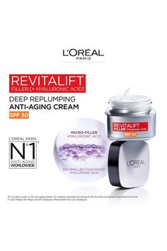 Revitalift Filler Renew Day cream is highly concentrated in pure Hyaluronic Acid, now with SPF 50 to protect your skin and prolong your skin's bounce. Clinically proven to reduce the appearance of wrinkles. It is also enriched with Fibroxyl plant extract, known for its firming properties. Replumps the skin with moisture. Skin bounces back. Day after day, skin looks plumper and fuller. Contours appear more defined, you look younger. Polysorbate 80, Back Day, Day Cream, Anti Aging Cream, Look Younger, Salicylic Acid, Loreal Paris, Face Care, Spf 50