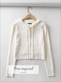 Women White Zipped Cropped Hoodie Knit Cardigan with front and side Pockets Cheap Hooded Spring Cardigan, Cheap Cropped Women's Cardigan, Cheap Fitted Cropped Cardigan, Cheap Cropped Cardigan For Women, Loungewear Aesthetic, Imperial Fashion, Harajuku Women, Hooded Cardigan Sweater, Cardigan Sweaters