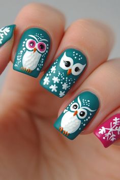 Cozy up your winter nails with these adorable owl designs! Featuring cute owls and snowflakes, these teal winter nails acrylic are playful yet chic. Perfect for a festive winter look. Head to nailhow.com for more winter nail designs! 🦉❄️ Save this cuteness for later! Owl Nails Design, Teal Winter Nails, Penguins Nails, Owl Nail Designs, Penguin Nail Art, Cute Layers, Rockabilly Nails, Owl Nail Art, Penguin Nails