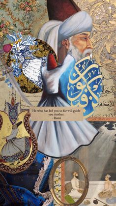 an image of a collage with pictures and words on it's side, including the head of a man wearing a white turban