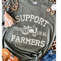 Olive Green Fits True To Size 50% Preshrunk Cotton, 50% Polyester Made In United States Support Local Farmers, Cute Shirt Designs, Green Fits, Support Local, Country Outfits, Online Boutiques, Military Green, Cute Shirts, Farmer