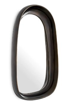 an oval shaped mirror hanging on the side of a wall with a black frame and metal edge