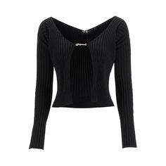 JACQUEMUS-La maille Pralù Longue Charm Logo Cardigan -JOHN JULIA. Black Knit Cardigan, Rib Knit Top, Fitted Cardigan, Ribbed Mini Dress, Metal Logo, Knitwear Cardigan, Black Knit, Black Cardigan, Long Sweaters