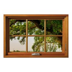 an open window with the view of trees outside