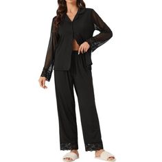 cheibear Women's Button Down Sheer-Mesh-Sleeve Sleepwear Shirt with Long Pants Pajama Set Black X-Small Black Long Sleeve Pant Set For Spring, Black Long Sleeve Loungewear Pant Set, Sheer Long Sleeve Sleepwear For Spring, Matching Couple Pajamas, Sleeping Night, Pajama Style, Good Clothes, Classic Pajamas, Cozy Loungewear