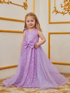 Young Girl Round Neck Sleeveless Mesh Splice Sequined Party Dress Mauve Purple Party  Sleeveless Sequins Plain A Line,Fit and Flare Slight Stretch All Young Girls Clothing, size features are:Bust: ,Length: ,Sleeve Length: Mesh Gown, Grey Colour Suit, Purple Party, Sequin Formal Dress, Mauve Purple, Party Kleidung, Mauve Dress, Drop Shoulder Sweaters, Embellished Dress