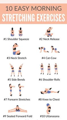 a woman doing exercises for her chest and back with the words 10 easy morning stretching exercises