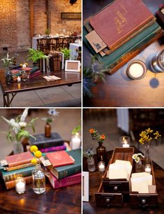 the table has many books and candles on it