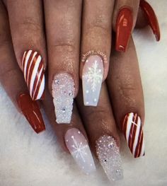 Christmas Nail Sets Almond, Nude Holiday Nail Designs, Christmas Plaid Nails Design, Candy Cane Stripe Nails, Winter Coffin Acrylic Nails, Christmas Western Nails, Christmas Almond Nails Ideas, Western Winter Nails