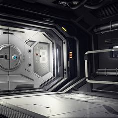 a sci - fi space station with the door open and some lights shining on it