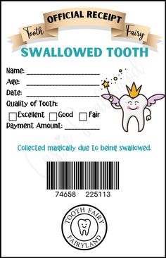 Tooth fairy swallowed tooth receipt for kids. personalized tooth fairy receipt editable fillable pdf Lost First Tooth, Note Printable