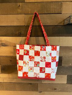 Red Checkers Quilted Tote Bag Patchwork Tote Bags, Red Checkered, Striped Quilt, Quilted Tote Bags, Summer Stripes, Quilted Totes, Checkered Pattern, Market Bag, Red And White