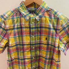 Polo Ralph Lauren Boys Size Large 14-16 Multicolor Short Sleeve School Shirt, Yellow Fitted School Top, Yellow Fitted Tops For School, Yellow Tops For School In Summer, Yellow Cotton Top For School, Yellow Summer Top For School, Yellow Summer Tops For School, Casual Yellow Cotton Shirt, Yellow Fitted Short Sleeve Shirt