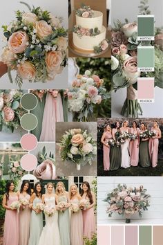 a collage of different wedding colors with flowers and greenery