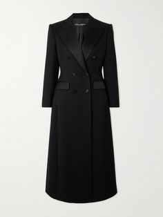 Dolce&Gabbana's Fall '24 is a love letter to the classic tuxedo. This wool-blend gabardine coat is designed with satin peak lapels complemented by lustrous flap pockets and covered buttons through the double-breasted front. It has structured shoulders balanced by a nipped-in waist. Classic Tuxedo, Velvet Coat, Fall 24, Winter Chic, Long Wool Coat