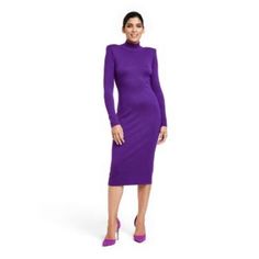 Sergio Hudson X Target Purple Long Sleeve Turtleneck Strong Shoulder / Shoulder Pad Midi Dress Size Xs New With Tags Made In China 81% Rayon, 19% Nylon Machine Washable Purple Midi Dress For Winter, Purple Long Sleeve Stretch Midi Dress, Chic Purple Winter Midi Dress, Chic Purple Midi Dress For Winter, Purple Midi Length Bodycon Dress, Spring Fitted Dresses From Target, Target Fitted Spring Dresses, Purple Polka Dot Dress, Mode Purple