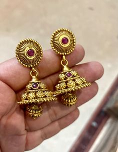 Festive Intricate Design Earrings For Wedding, Festive Temple Jewelry Earrings For Marriage, Festive Wedding Earrings With Intricate Design, Gold Earrings For Marriage Diwali Festival, Red 22k Gold Earrings For Wedding, Traditional Earrings With Intricate Design For Marriage, Red 22k Gold Wedding Earrings, Gold Temple Jewelry Earrings For Marriage, Gold Earrings For Marriage And Festive Seasons