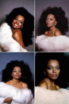 four different pictures of a woman with long black hair and white fur on her shoulders