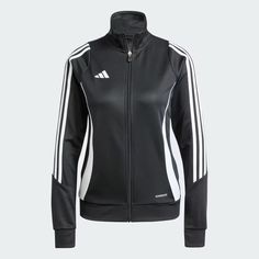 adidas Tiro 24 Training Jacket - Black | Women's Soccer | adidas US Adidas Athleisure Track Jacket For Sports, Adidas Sporty Track Jacket With Logo, Sporty Adidas Track Jacket, Adidas Functional Track Jacket For Sports, Adidas Moisture-wicking Track Jacket, Adidas Moisture-wicking Sportswear Track Jacket, Adidas Sporty Track Jacket For Training, Sportswear Track Jacket With Three Stripes Branding, Adidas Long Sleeve Track Jacket For Training