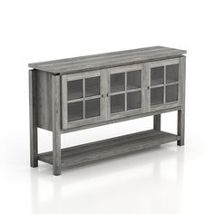 a gray wooden cabinet with glass doors on the front and bottom shelf, against a white background