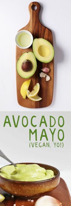 avocado mayo in a wooden bowl on a cutting board