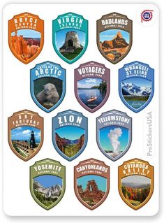 an assortment of stickers depicting the different national parks