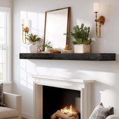 a living room filled with furniture and a fire place next to a wall mounted mirror