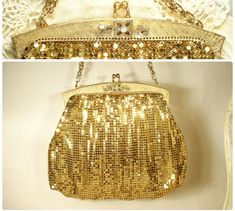 two pictures of gold purses with chains hanging from them