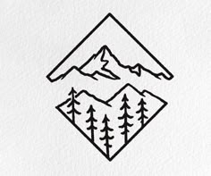 a drawing of mountains and trees in the shape of a diamond on white paper with black ink