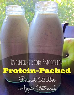 two bottles of protein - packed peanut butter apple oatmeal sitting on a table