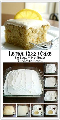 lemon crazy cake with no eggs, milk or butter on top and frosting in the middle