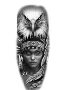 an eagle with a woman's headdress and feathers on her face is shown in black and white