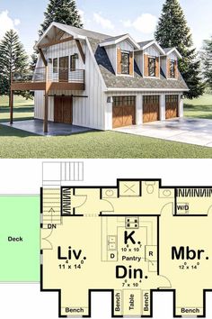 two story house plans with garage and living room on the first floor are shown in this image